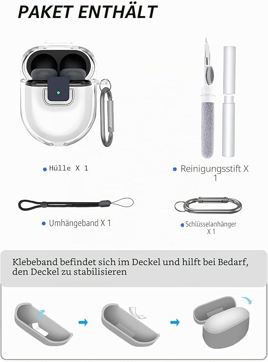 Google Pixel Buds Pro 2 Headphones Case Waterproof Shockproof Anti-Scratch Washable Case with Hanging Clip for Cleaning Pen - Clear