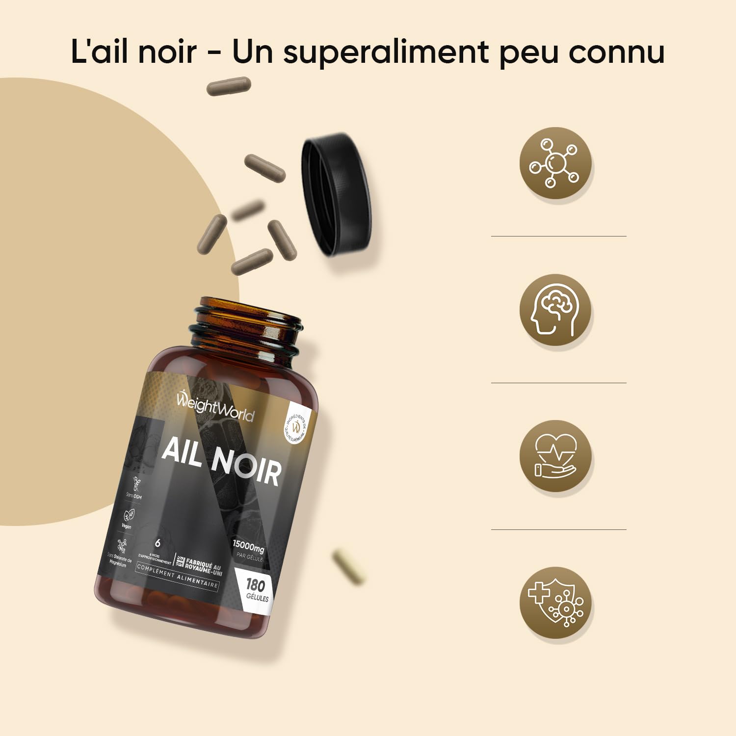 Ail Noir Fermenté 15000mg 180 Gélules Vegan, S Allylcystéine (SAC) Allium Sativum 100:1, Allicine Inodore et Saveur, Riche en Vitamines et Minéraux, Extrait d'Ail Noir Gélules (Garlic Capsules)