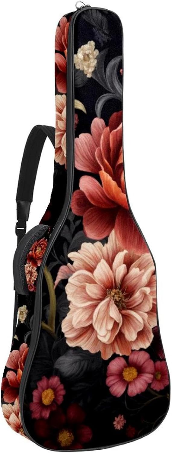 Black Floral Penoy Flowers Acoustic Guitar Gig Bag, 1 cm Thick Padding Waterproof Guitar Bag Backpack for 40 41 42 Inch Electric Bass Classical Guitars