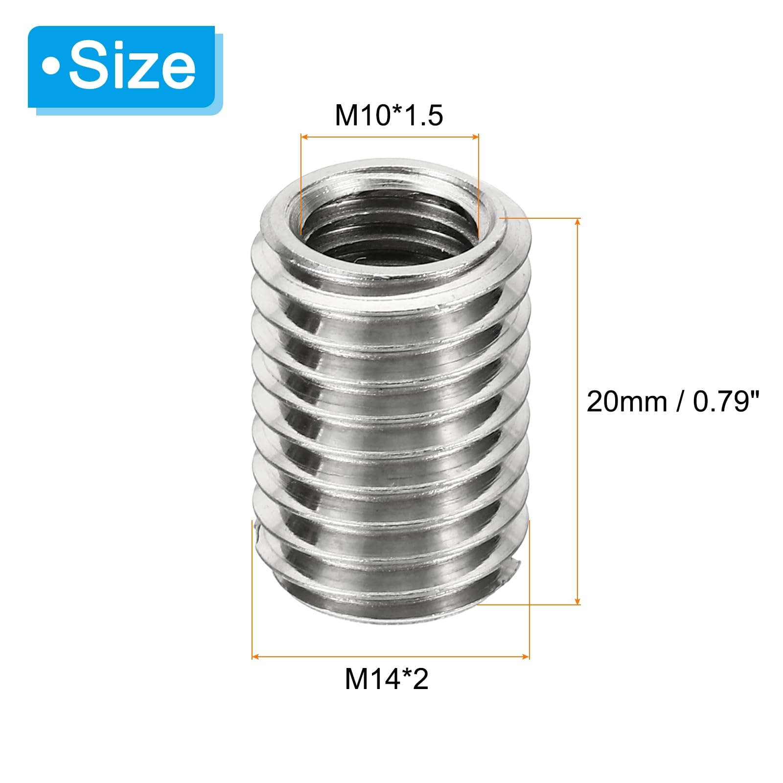 PATIKIL Rosca Adaptadores Manguito Reductora Tuerca, 6uds M14*2 Macho a M10*1.5 Hembra Reparación Inserto Tuerca Tornillo Reductor Conversión Inoxidable Acero Sujetador 20mm