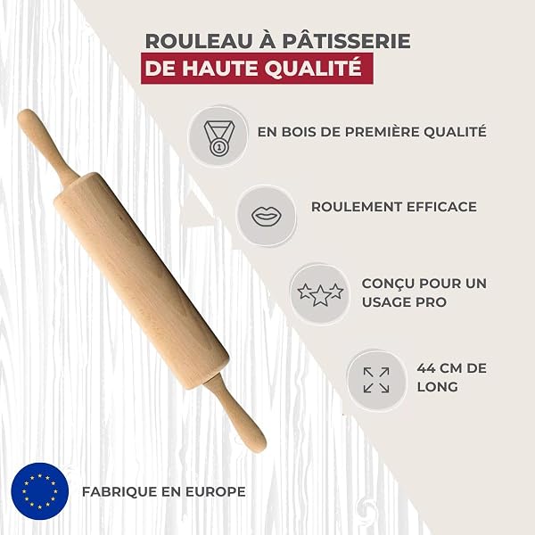 Fackelmann 31540 Rouleau patisserie en bois, rouleau à pâtisserie, accessoires cuisine, ustensiles de cuisine patisserie, rouleau à patisserie, Bois, Métal, 44,5 x 6 x 6 cm - 3
