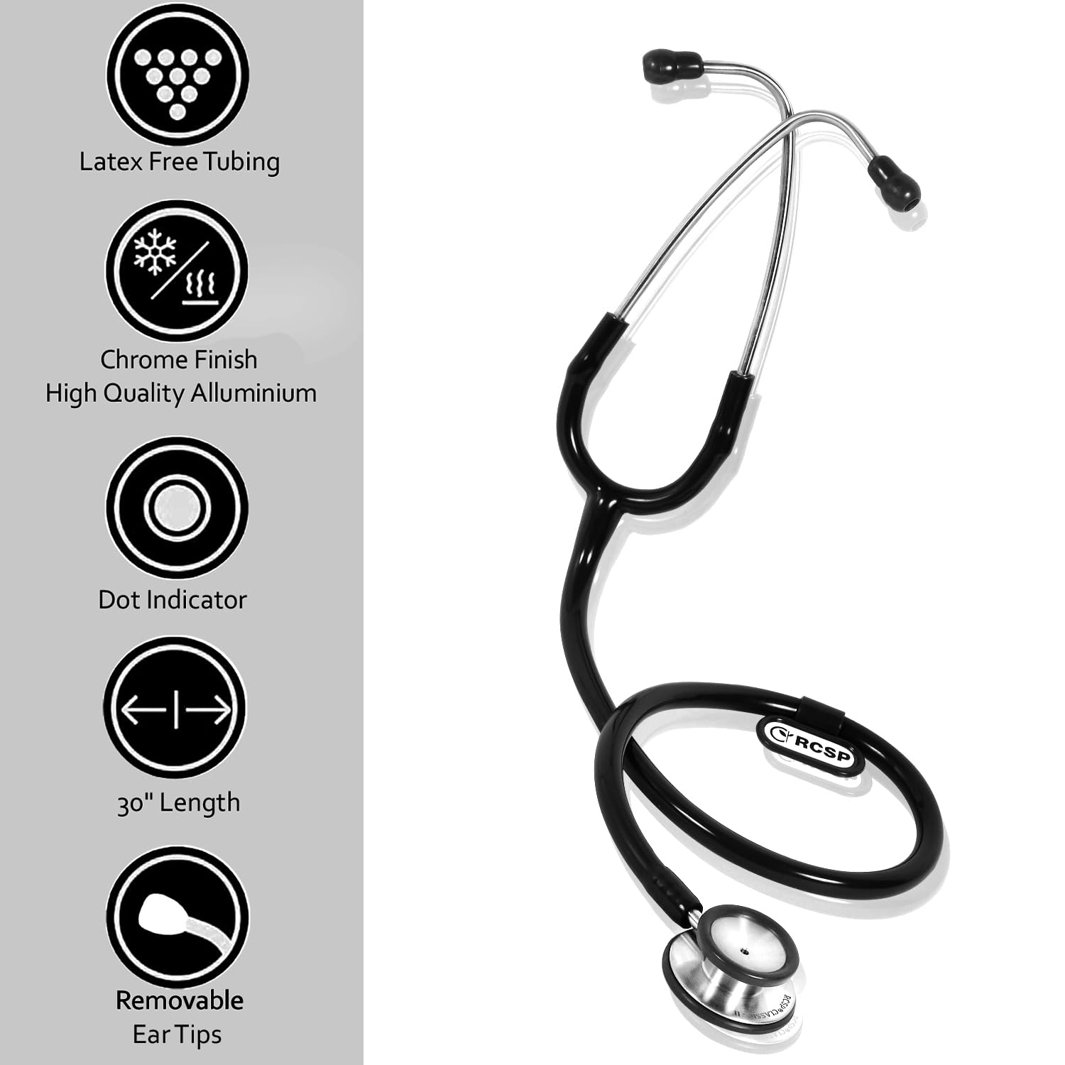 RCSP Stainless Steel Stethoscope for Doctors, Medical Students and Nurses Flexible Latex Free Tube & Soft Sealing Ear Knobs (BLACK AL) RCSP Stainless Steel Stethoscope for Doctors, Medical Students and Nurses Flexible Latex Free Tube & Soft Sealing Ear Knobs (BLACK AL)