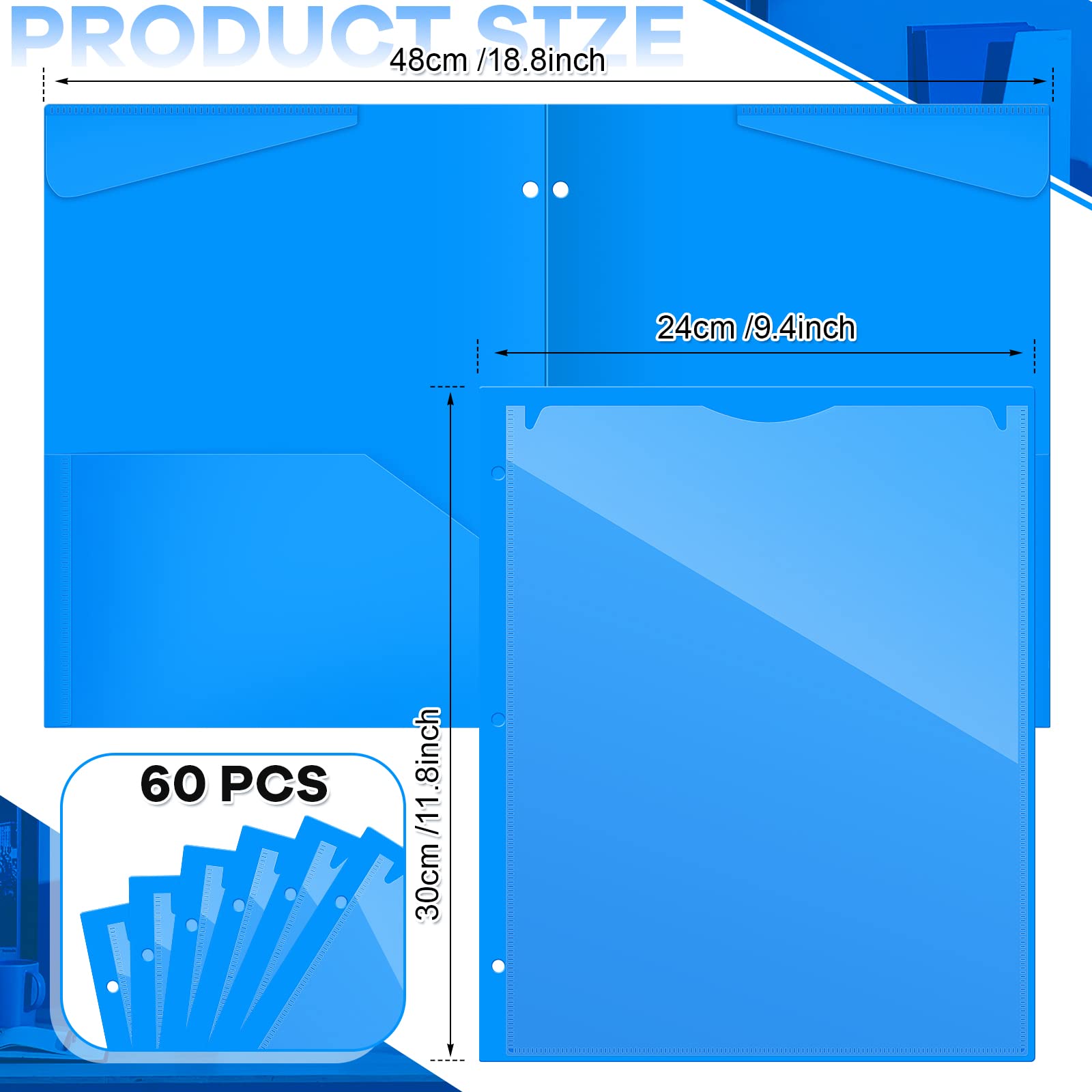 Henoyso Ordner mit 3 Löchern, 2 Taschenordner mit 3 Zinken, strapazierfähig, dicker Kunststoff, mit transparenter Vordertasche für 3-Ringbinder, Schule, Büro und Klassenzimmer, 30 x 24 cm, 60 Stück