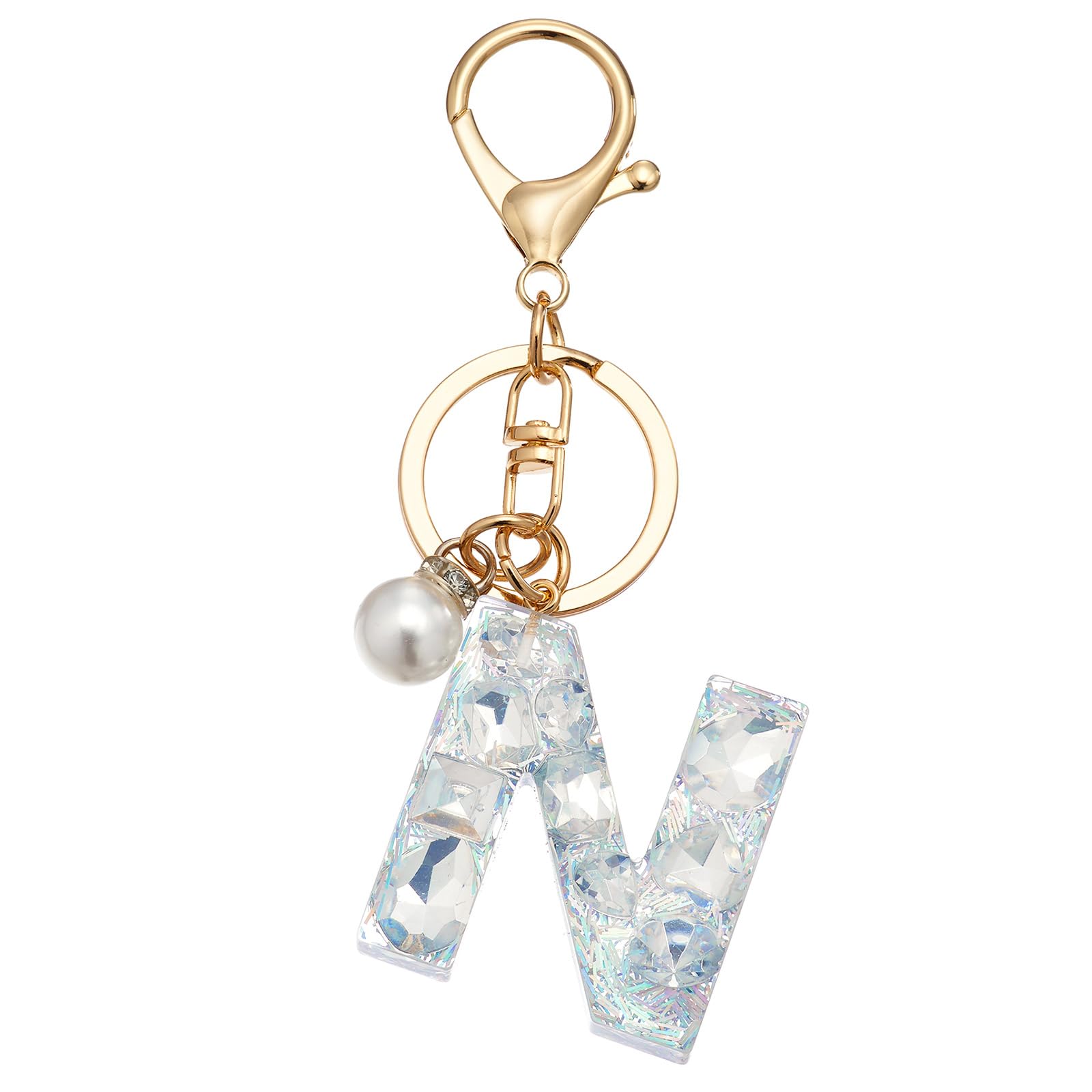QIUTIMIYInitial Letter Keychains Crystal Resin Letter A-Z Keyring for Women Purse Handbag Charms with Alphabet Pearl Pendant