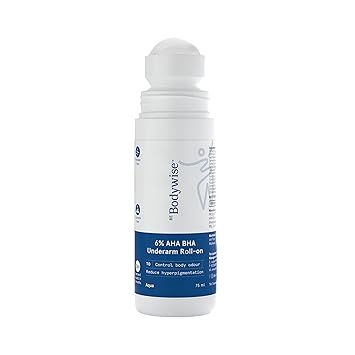 Be Bodywise 6% AHA BHA Underarm Roll On 75ml | 4% Lactic Acid, 1% Mandelic Acid, 1% Salicylic Acid | Controls Odour & Reduces Pigmentation for even tone skin | 0% Alcohol & 0% Aluminium | Aqua Fragrance