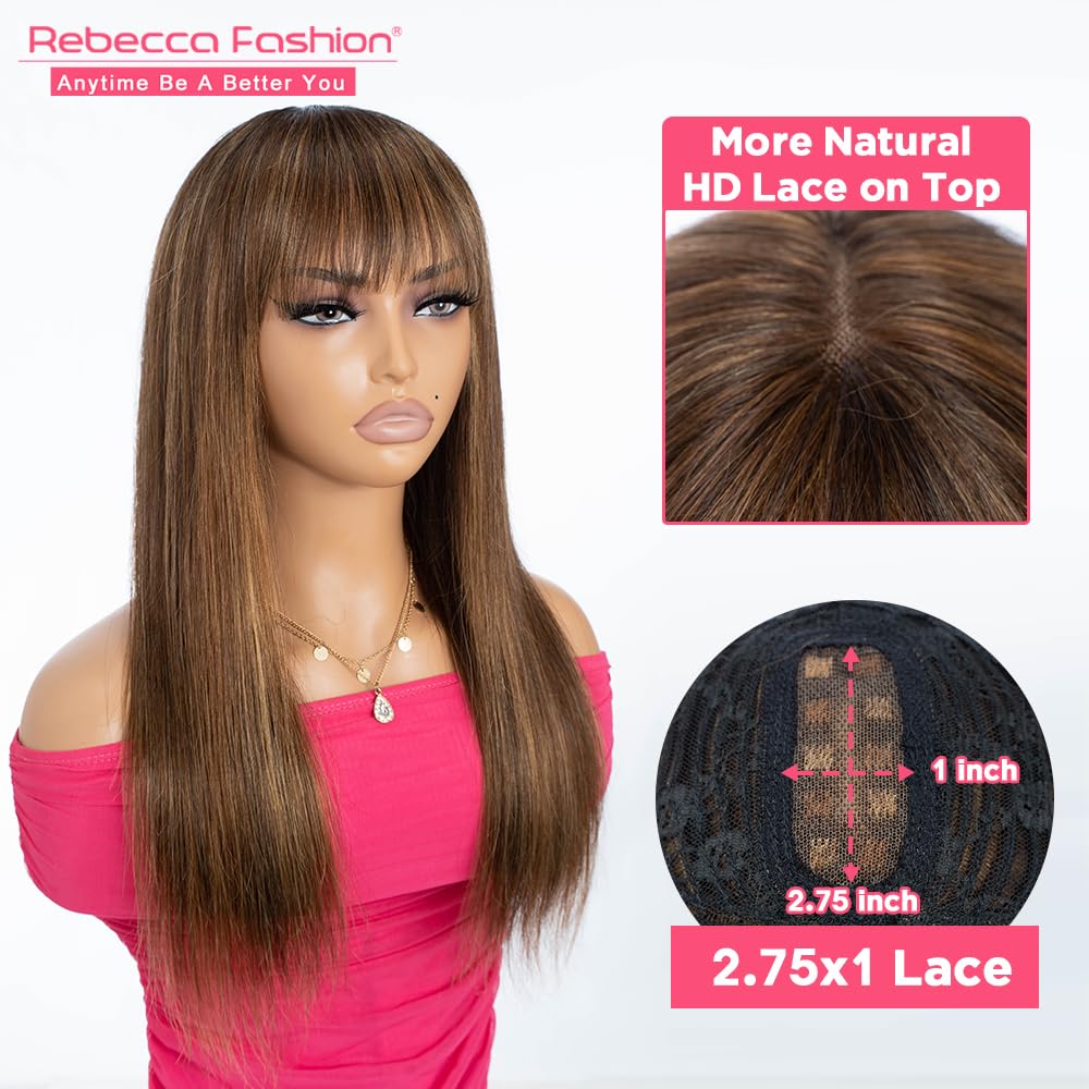 Rebecca Fashion 18 Inch Ombre Blonde Brown Straight Wig with Bangs Human Hair Silky Straight Bang Glueless Minimalist 2.75x1 Lace Scalp Wig for Women Glueless Wear and Go Brazilian Remy Hair - Image 2