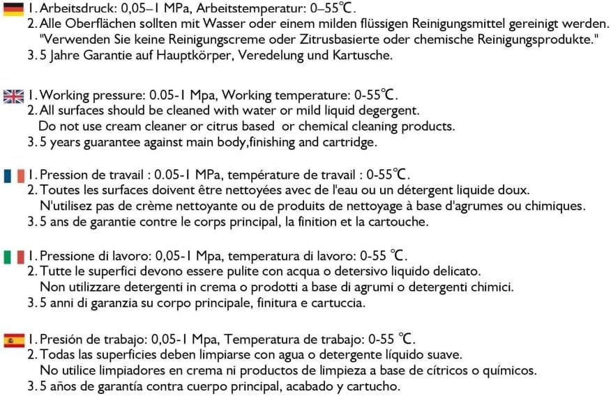 Multilingual care instructions for faucet