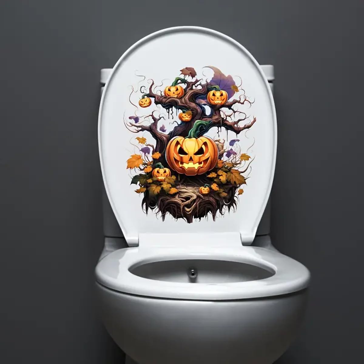 Tolovis Color Halloween Pumpkin Toilet Cover Sticker Decals,Flower Leaf Bird Waterproof Toilet Lid Tank Seat Decals Cistern Self-Adhesive Bathroom Wall Sticker