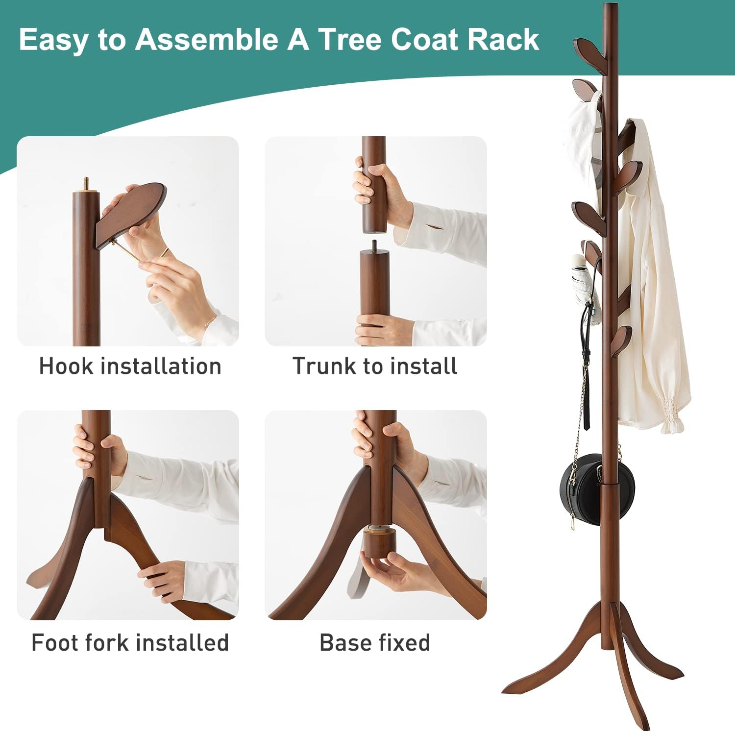 viewcare Coat Rack Free Standing, Bamboo Coat Stand with 8 Hooks, Coat Tree for Entryway, Hallway, Corner, Bedroom & Office, 3 Adjustable and Sturdy Coat Rack for Coats, Hats, Scarves, and Handbags