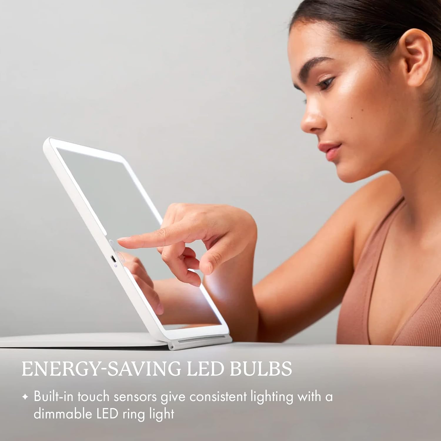 Vanity Planet Handheld Makeup Mirror with Lights, Pose 2.0 (Blush) - Light Up Travel LED Mirror with 3X & 5X Magnification - Dimmable Lighting & Micro-USB Rechargeable Lighted Compact Mirror