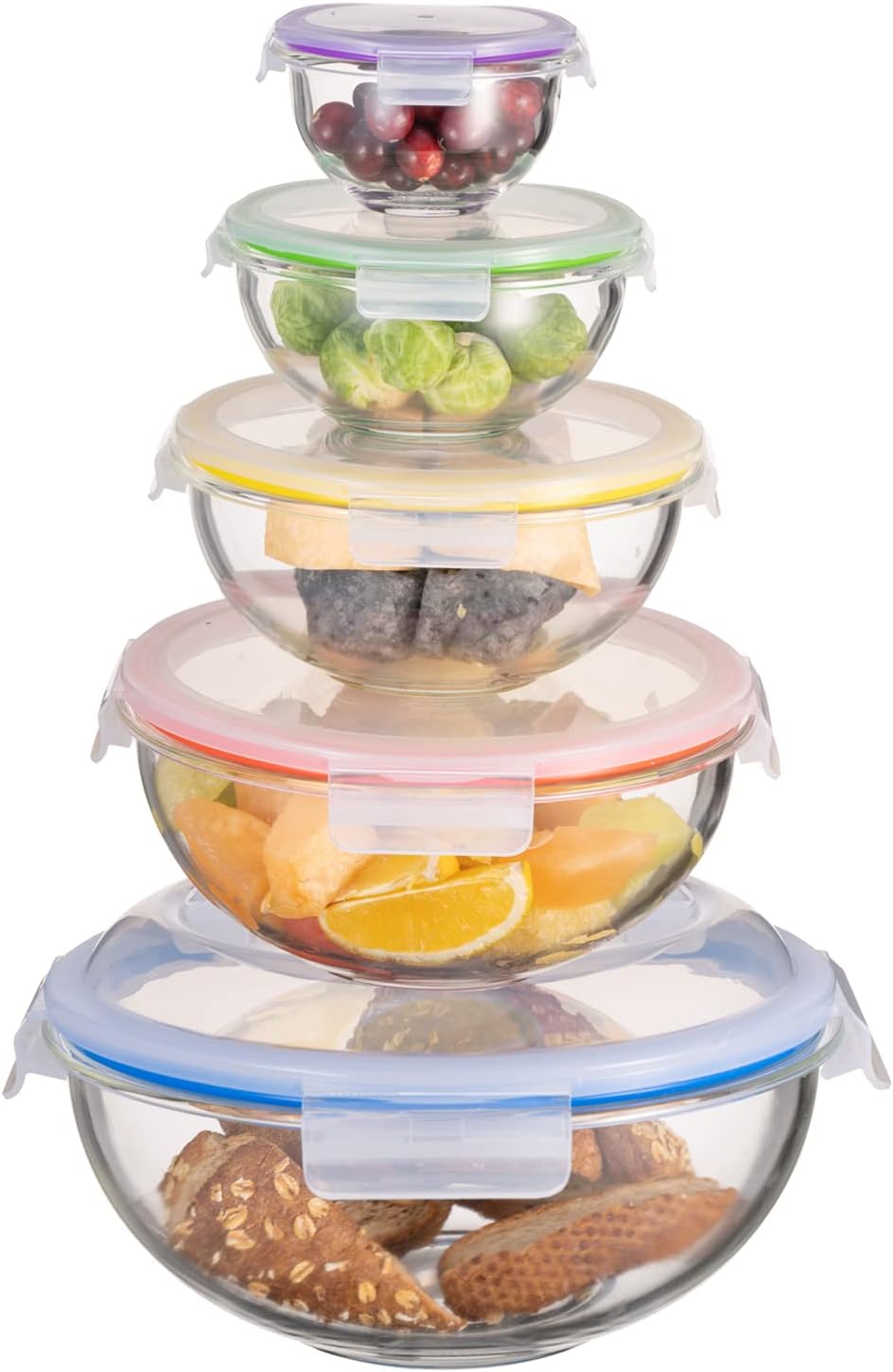 HOCHSTE Glass Mixing Bowls - Nesting Set of 5 Stackable Microwave Containers With Lids for Food Storage - Space-Saving Bowls