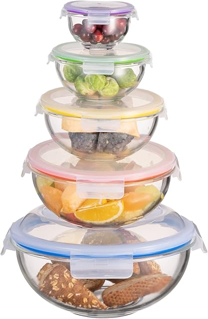 HOCHSTE Glass Mixing Bowls Food Storage Nested Bowls Set of 5 - Healthy Meal Prep Bowls with Dishwasher, Oven, Microwave & Freezer Friendly - Stackable, Anti Slip Salad Bowl Mixing & BPA Free