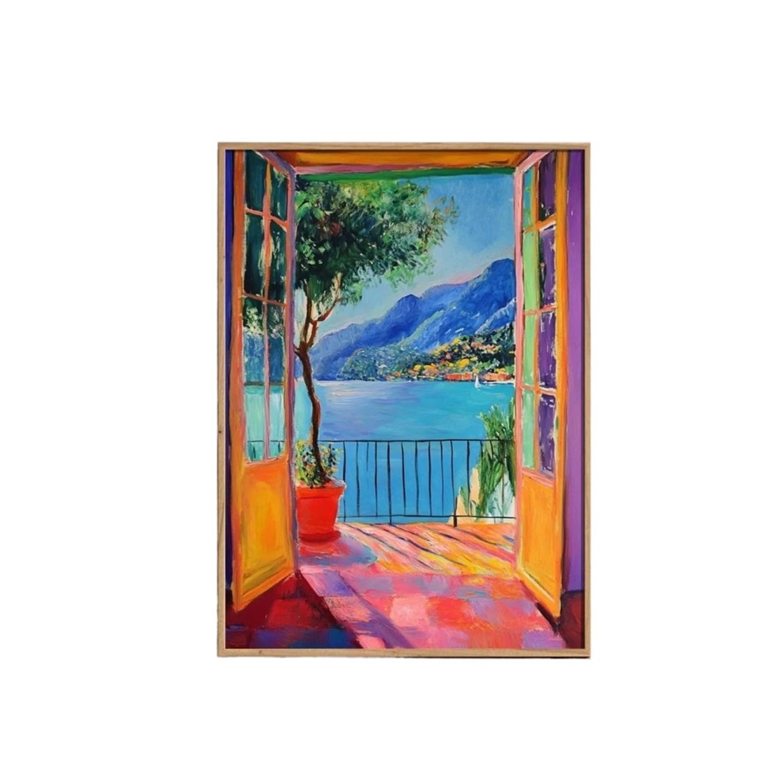 Graiting 1pc Open Window Print Style Fauvism Painting Exhibition Mediterranean Sea Orange Tree Coastal View Boats(DA163,30x40cm Unframe)