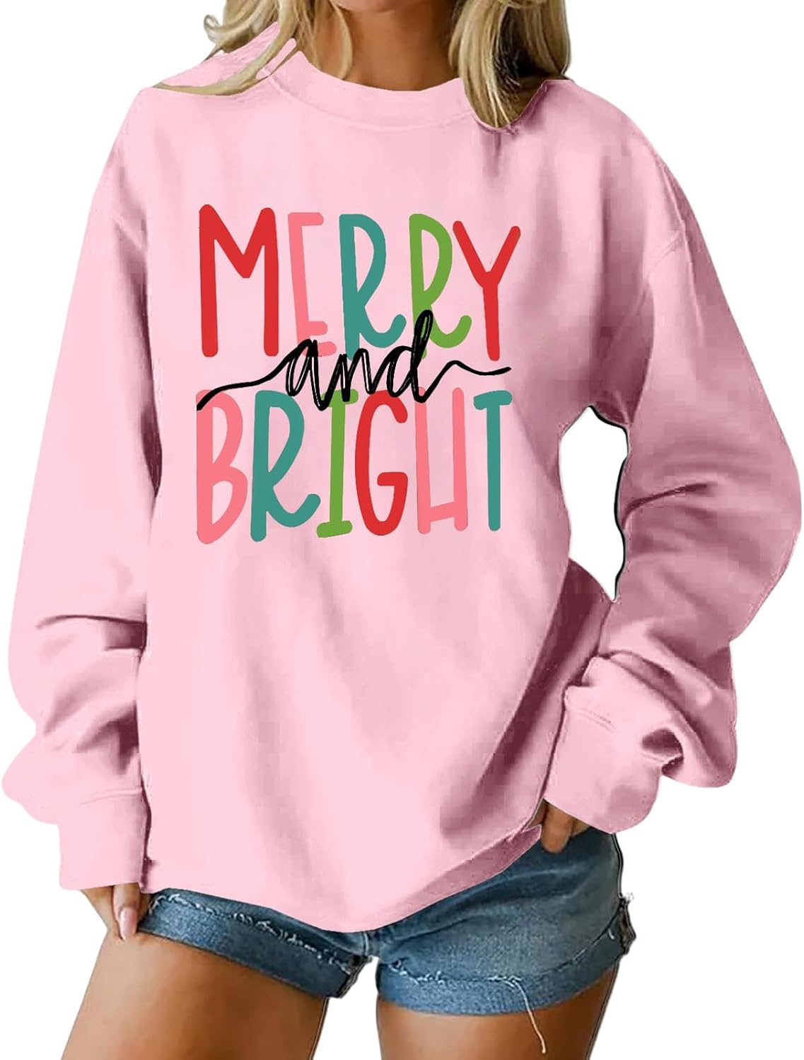Women's Christmas Sweatshirt, Merry And Bright Christmas Pullover Shirt Novelty Chenille Patch Xmas Gift Holiday Top