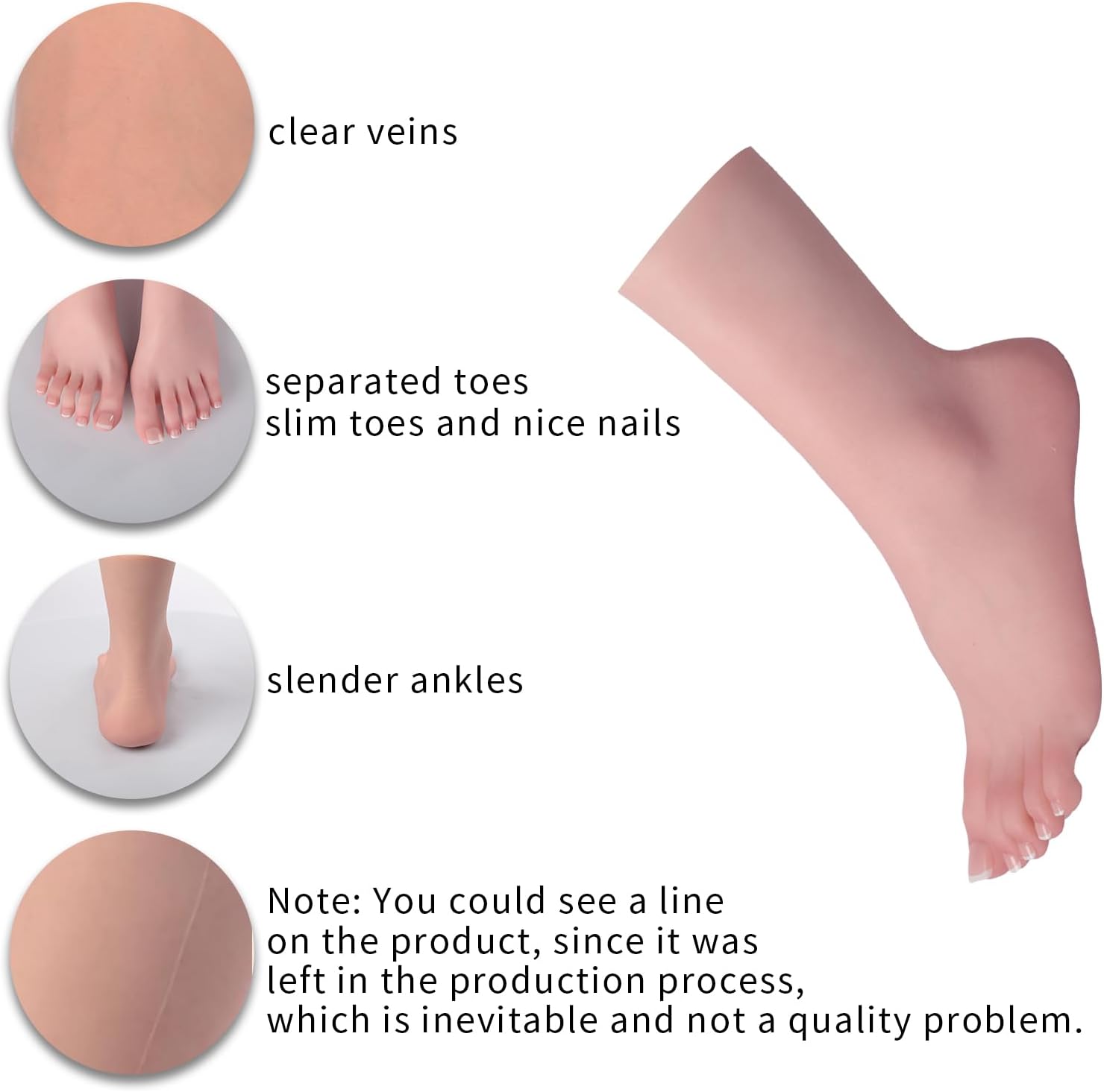 1:1 Silicone Female Model Feet Life Size Realistic Mannequin Foot with Inside Skeleton Jewelry Sandals Socks Art Collection with Nails (Right Foot-Without Skeleton, Irovy White)