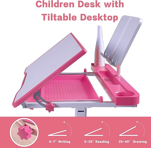 Miniatura 13 de Napfox Juego de escritorio y silla de arte para niños, mesa de dibujo de altura ajustable con inclinación de 40 grados, luz LED, soporte para