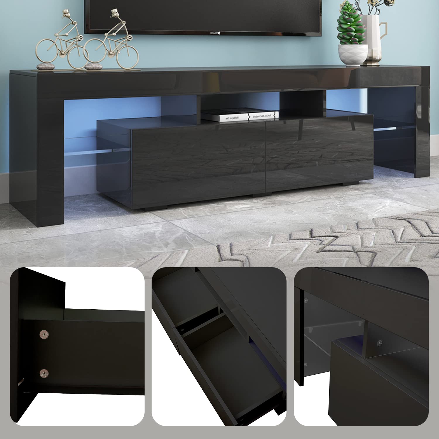 Black TV Stand with 2 Storage and 3 Open Shelves High Gloss LED TV