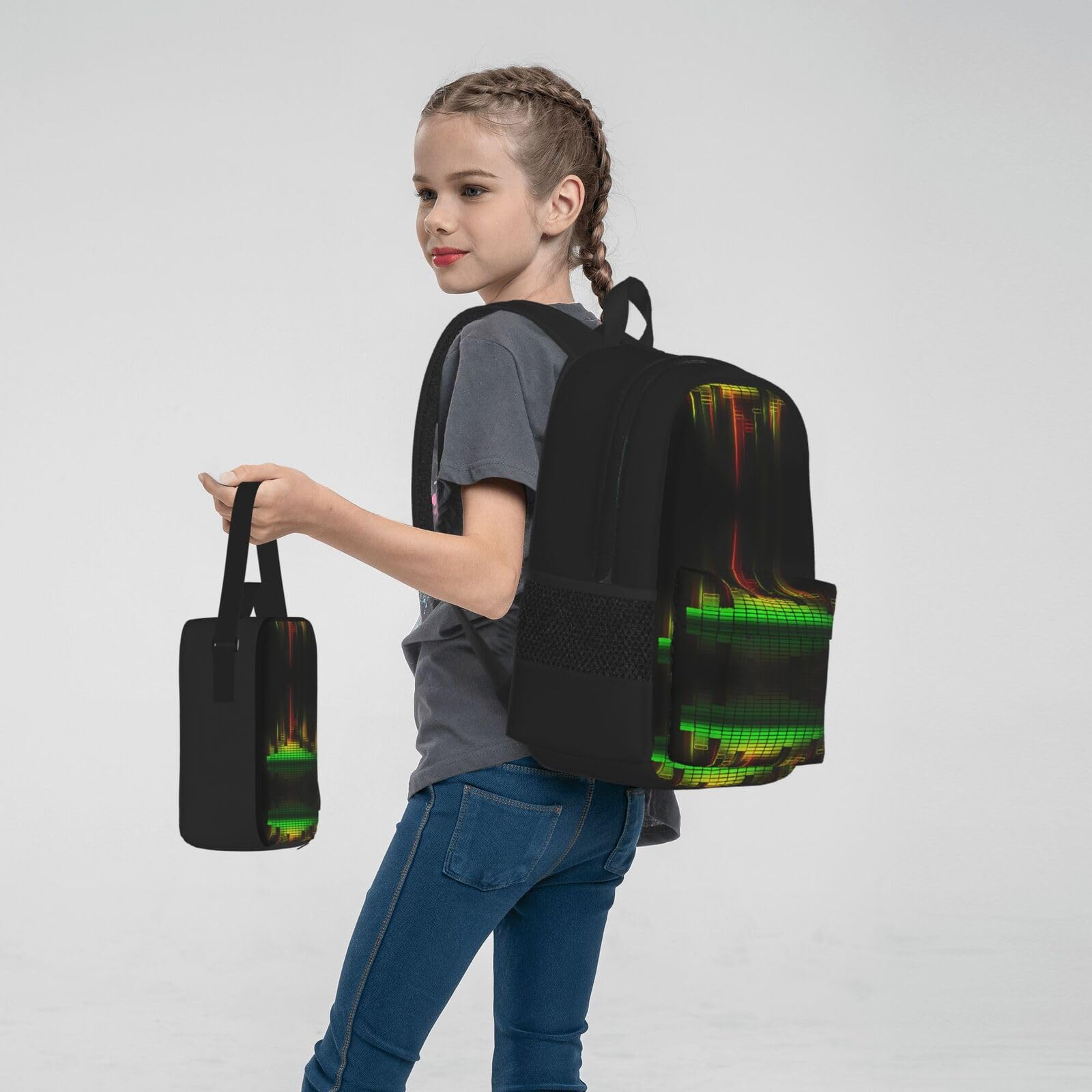 Cooles Musik-Sound, bedrucktes Rucksack-Set, 600D Oxford-Gewebe, Laptop-Rucksack mit isolierter Lunchtasche, Federmäppchen, verstellbare multifunktionale Schul-Reisetasche, 3-teilig