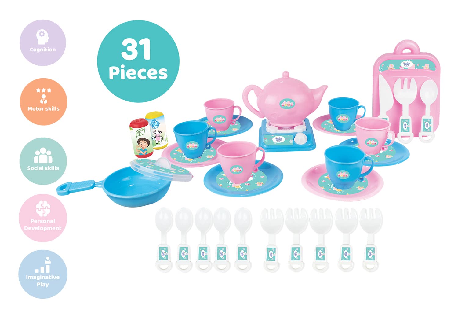 Kingdom of Play Tea Party Set – Pretend Play Kitchen Set for Kids with Teapot, Cups & Accessories | Multicolor Roleplay Toy for Girls & Boys | BPA-Free Plastic | Age 24M+ 1