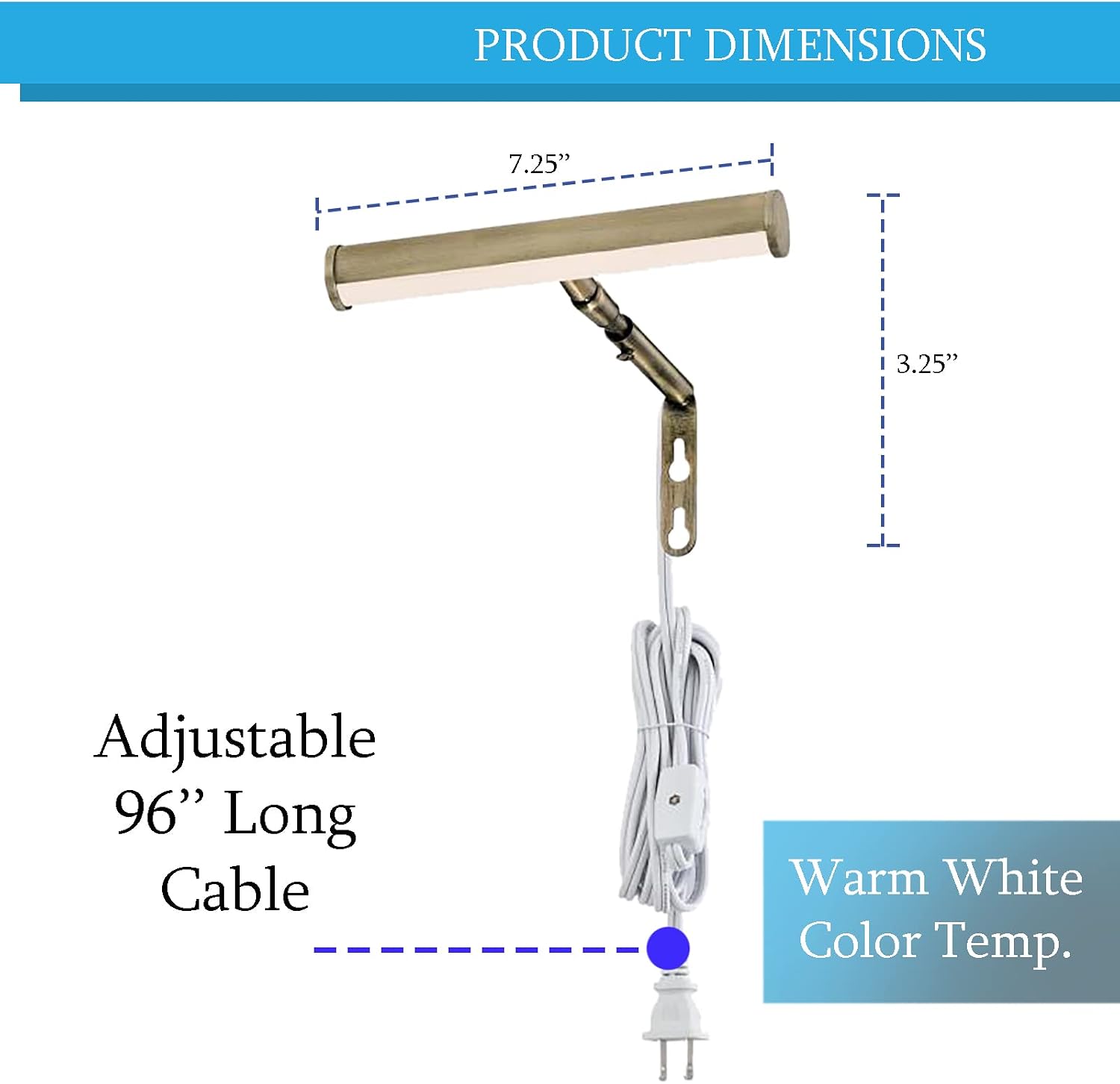 Ciata Picture Light, Picture Frame Light, 7-Inch 15-Watt Wall Mount Picture Light in Antique Brass Finish with in-line On/Off Switch, E12 Candelabra Base, Adjustable Neck and Shade