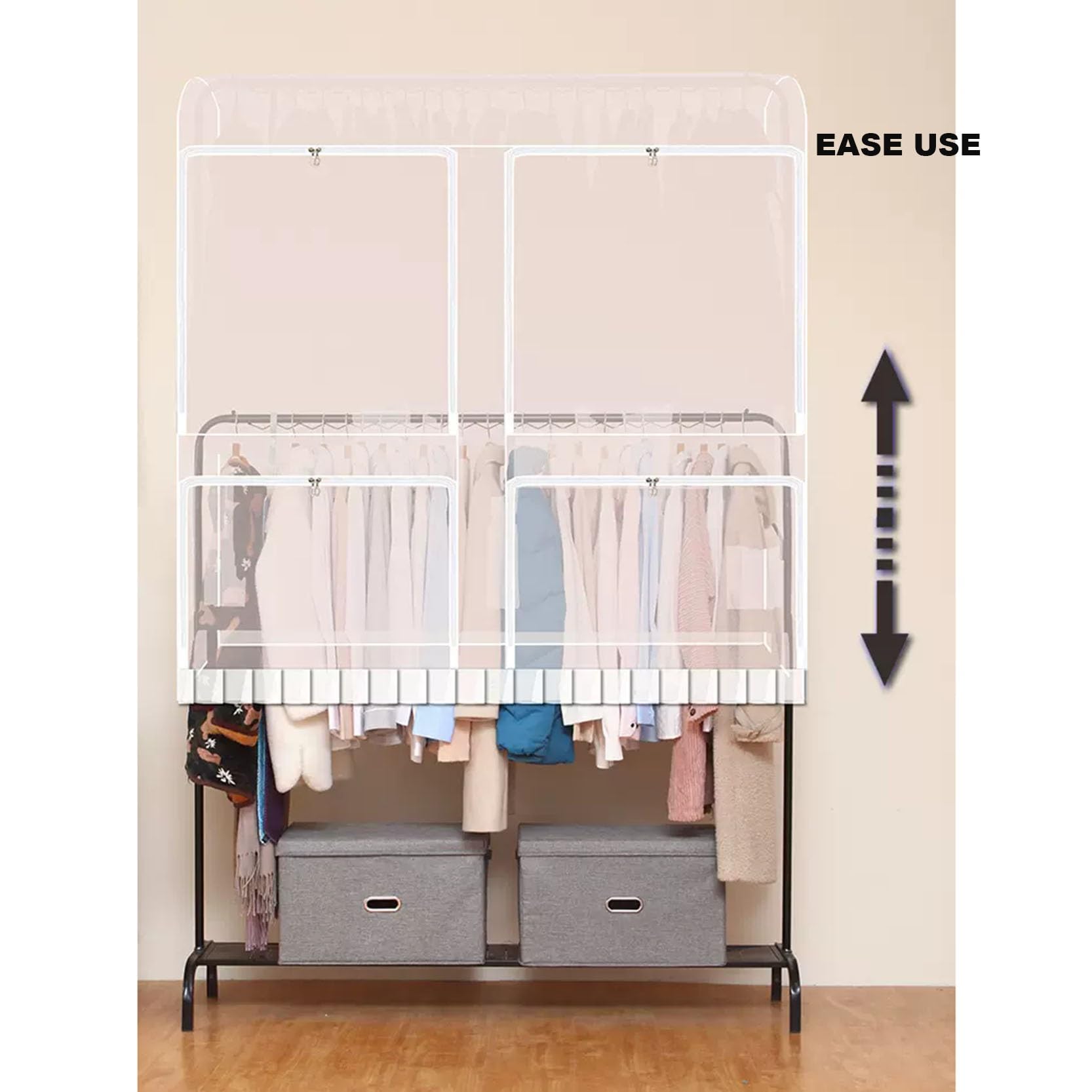 Funda para perchero transpirable con cremallera, a prueba de polvo, para colgar ropa, altura ajustable, 1,5 m, se adapta a estantes de 3,285,25 m, ideal para almacenamiento y organización (B 150 x 50