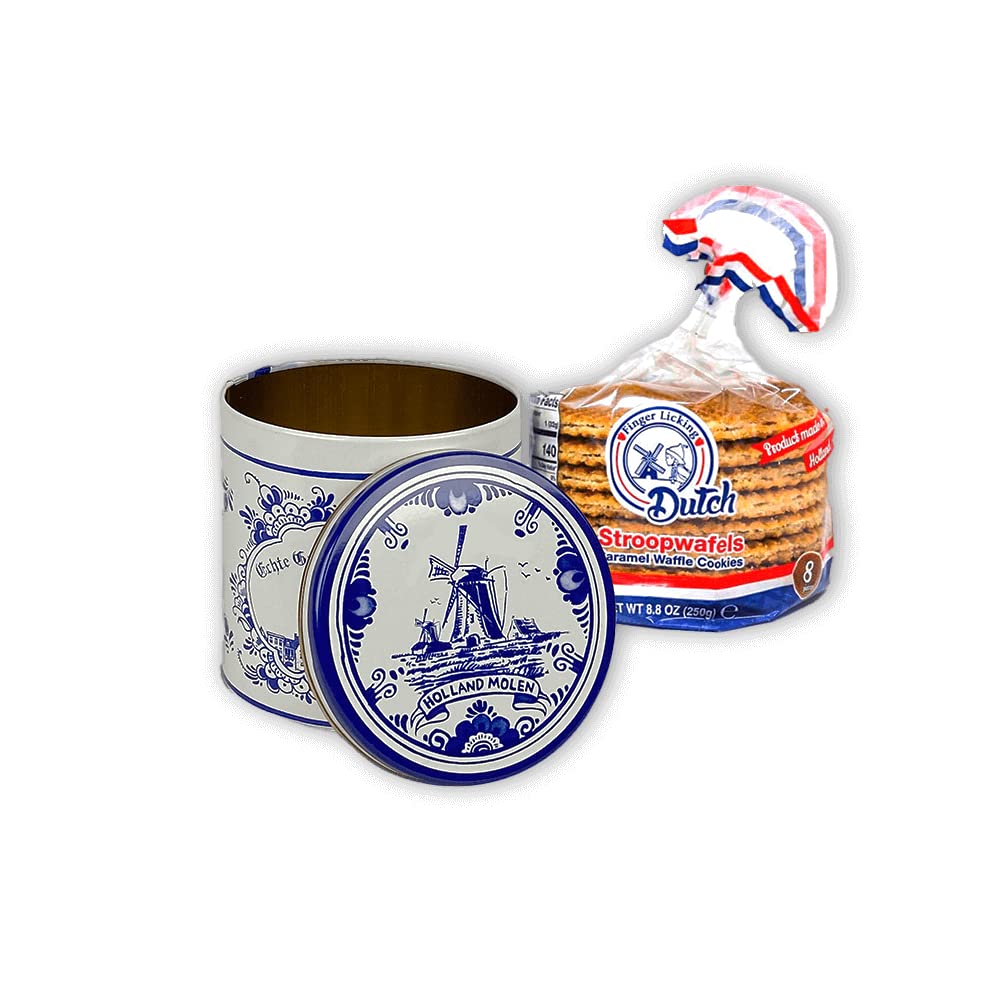 Finger Licking Dutch Authentic Caramel Stroopwafels - Made in Holland - Deft Blue Tin with 8-Pack Stroopwafels
