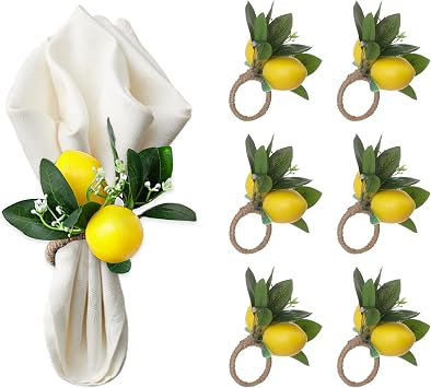 Lemon Napkin Rings Set of 6 Yellow Lemon Vine Leaf Napkin Holder Spring Summer Lemon Napkin Ring Holder for Wedding Dinner Party Table Decor