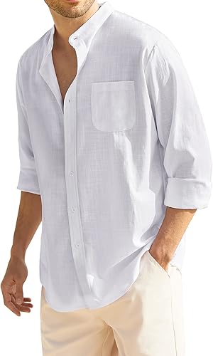 COOFANDY Camisas Oxford de manga larga para hombre, camisas casuales con botones, cuello de banda, camisa de vestir con bolsillo