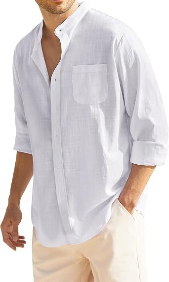 COOFANDY Mens Long Sleeve Cotton Linen Shirt Beach Button Down Shirts Casual Button Up Shirt Summer Yoga Tops with Pocket