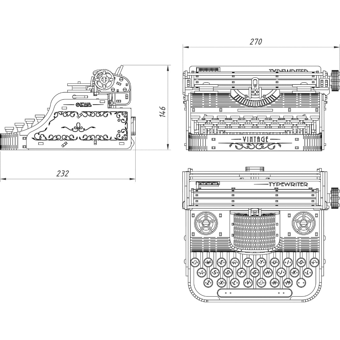 EWA Eco-Wood-Art - Typewriter- Puzzle 3D en Bois - Casse-tête pour Adultes et Adolescents -à Monter soi-même sans Colle- 453 pièces
