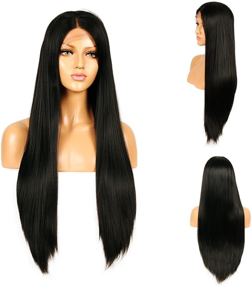 Life Diaries 250% Density Glueless Synthetic Lace Front Wig Fashion Long Straight Black 10% Human Hair+90% Heat Resistant Fiber Glueless Lace Front Synthetic Wig For Women(26inch,Dark Brown)