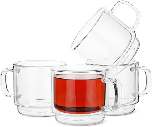 BTAT - Tazas de café de vidrio apilables de doble pared, 12 onzas, juego de 4, tazas de café de vidrio con asa, taza de café transparente aislada