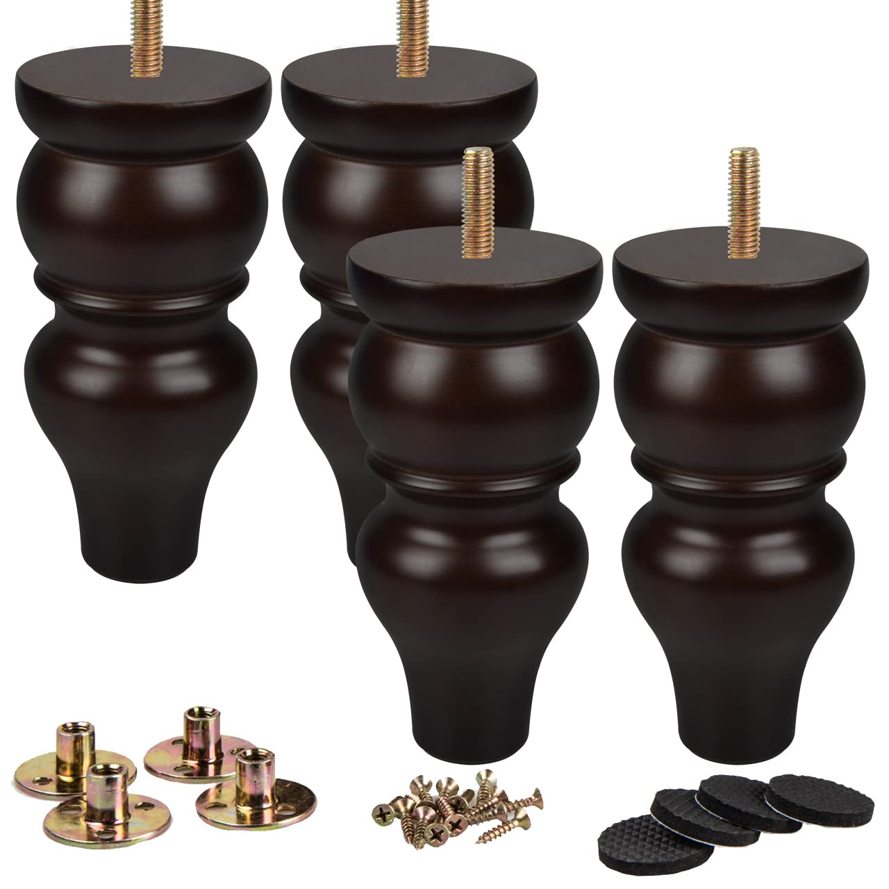 La Vane 6 Inch (15cm) Solid Wood Furniture Legs - 4Pcs Wooden Walnut Turned Spool Bun Feet with M8 Bolt, Extra Wide 3.5”(9cm) Diameter & Superior