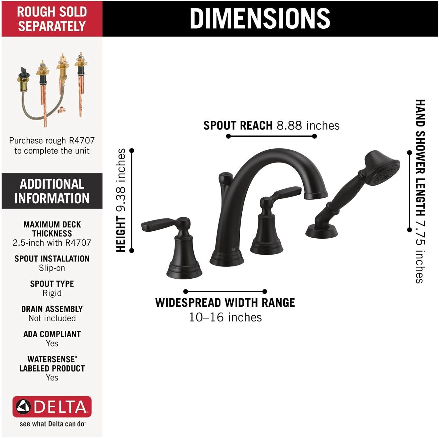 Delta Faucet Woodhurst Roman Tub Trim with Hand Shower - 4-Hole Deck Mount Bath Tub Faucet with Hand Sprayer - Venetian Bronze, T4732-RB (Rough Sold Separately)