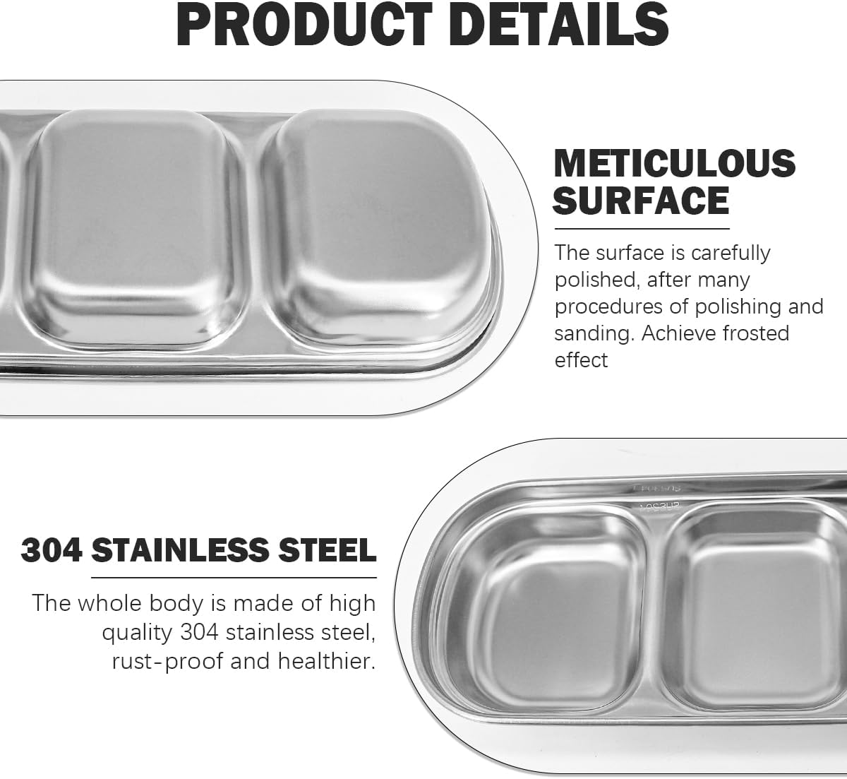 DOERDO 2Pcs Stainless Steel Dipping Sauce Dishes, 3 Compartment Appetizer Serving Trays Snack Dishes for Soy Sauce, Ketchup, Seasoning, Silver, 8.1x3.3 Inch