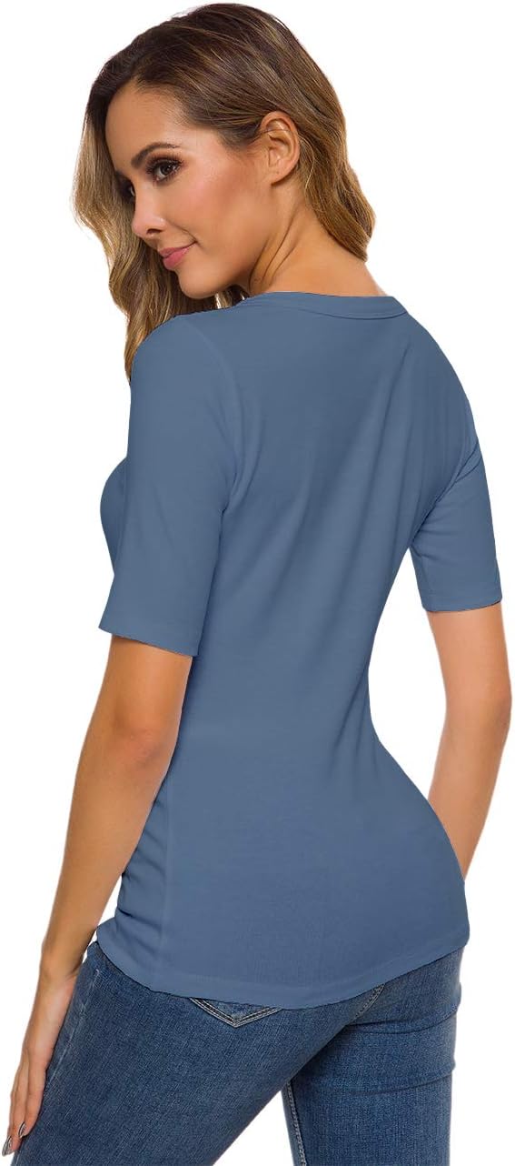 Womens Square U Neck Short Sleeve Basic Tee Tops Fitted Cotton T-Shirts for Summer Winter Layer - Image 4