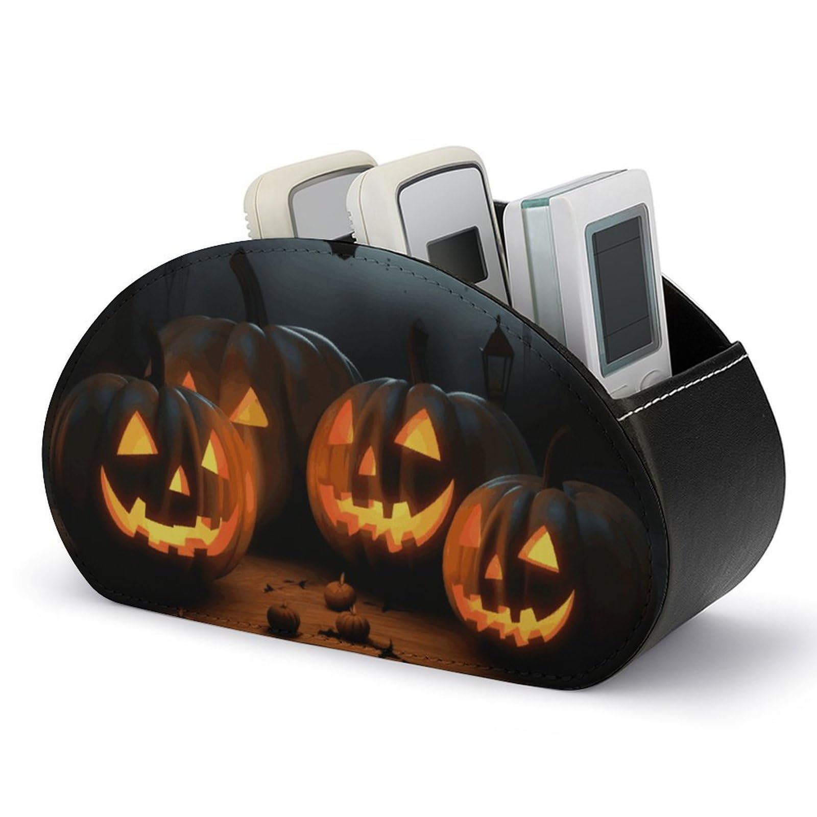 VstaDank Halloween with Pumpkins Remote Control Holder with 5 Compartments PU Leather Remote Caddy Desktop Organizer Store TV Remote Control Storage Box for Home Office Desk Nightstand