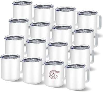 YOUKE OLA 16 Pack Sublimation Tumblers with handle Coffee Blanks Stainless Steel Double Wall Insulated Sublimation with Lids for Heat Transfer, White 12oz