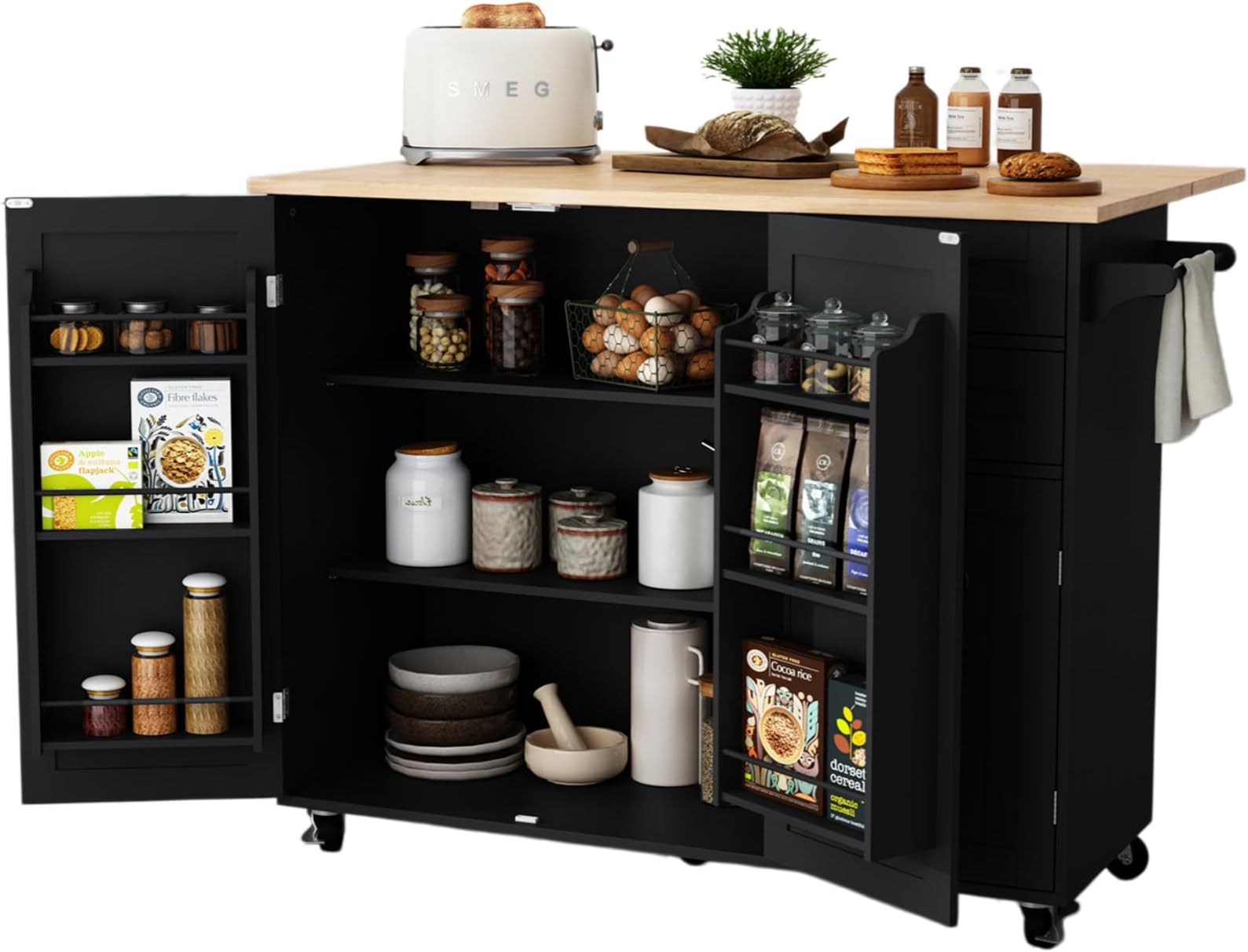 HLR Kitchen Island with Storage, Black Rolling Kitchen Island on Wheels with Drop-Leaf Bar Countertop, Island Table for Kitchen with Side Open Spice Rack and Tower Rack, Extra Storage for Kitchen