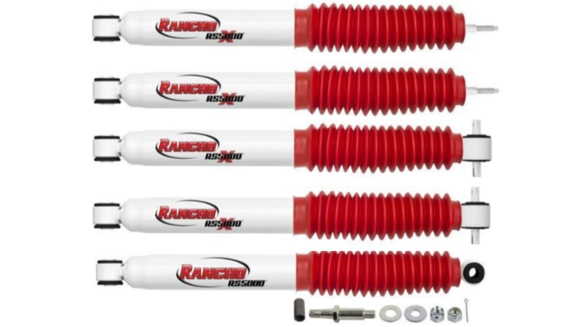 RS5000X Series Set of Front & Rear Shocks and Steering Stabilizer fits 1997 2006 Wrangler TJ 4WD with 0" Lift - With OEM Steering Damper Mounts - Includes TrendsAuto Decal