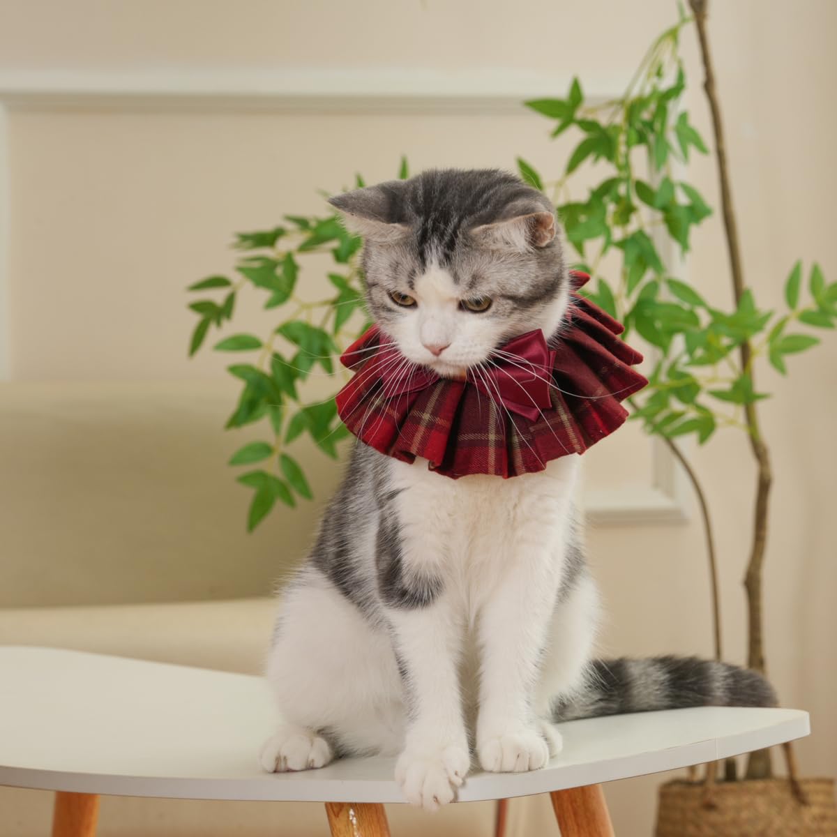Lovelyshop pet Serial Lux Orange Red Tartan Dog/Cat Scarf with Burgundy Big Bowtie for Chirstmas Valentine Holiday Pet Costume-X Small Size