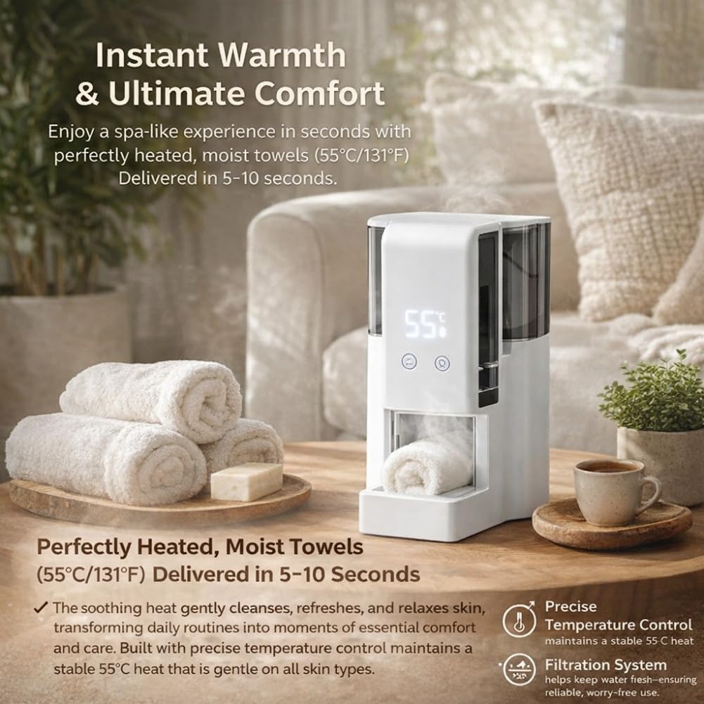 Hot Towel Dispenser - 5-Second Instant Warmth & 55°C (131°F) Constant Temp, Hot Face Towel Heater Machine, Portable Face Towel Steamer for Spa, Facial, Bathroom & Home (Dispenser+100pcs Towels)