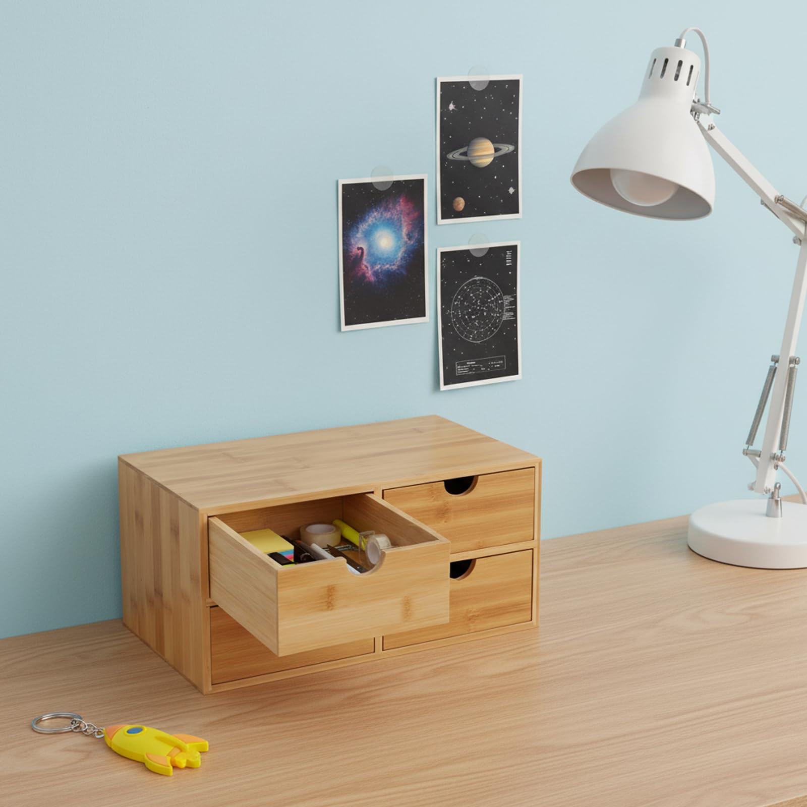 Organizer per cassetti in bambù per scrivania, scatola portaoggetti in legno con 4 cassetti, mini Kommode per ufficio, 33 x 19 x 16 cm, soluzione da scrivania elegante e funzionale