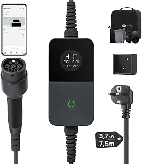 dé 3,7kW Chargeur Voiture Electrique avec App, 7,5m Recharge Type 2 6-16A | Chargeur EV Réglable avec Programmation App & écran LCD, Compatible Véhicules Type 2 EV&PHEV