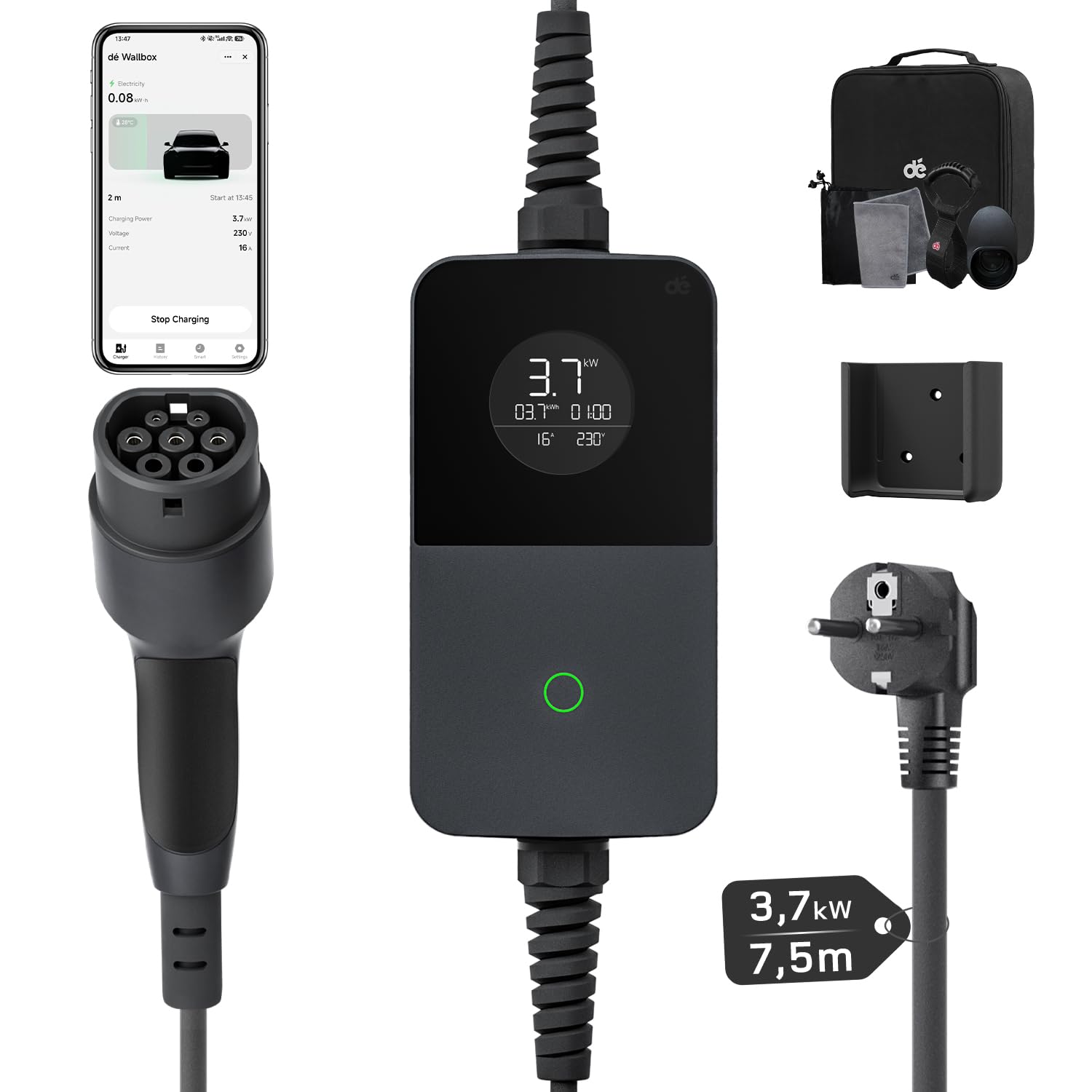 dé 3,7kW Typ 2 Ladekabel Schuko mit APP, EV Charger mit 7,5m Kabel, 6-16A