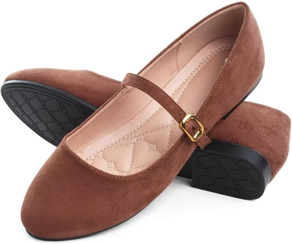Stunner Women's Mary Jane Flats Fashion Round Toe Ballet Flats Comfortable Ankle Strap Flats Slip On Dress Flats Brown 39(8) - Image 5