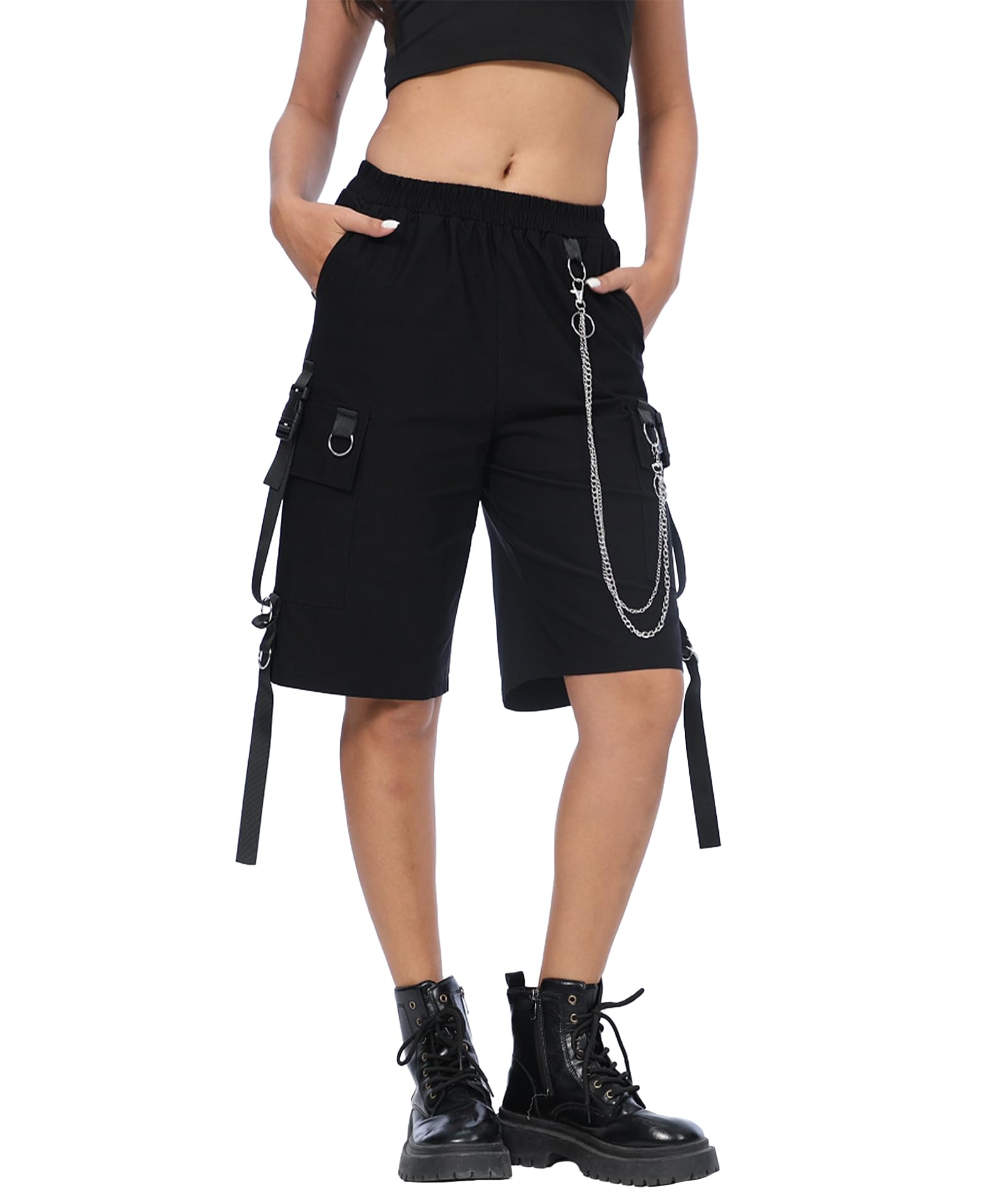Loose Cargo Shorts with Chain Women Large Pocket Harajuku Short Pants Couple Trendy Summer Hip Hop Goth Shorts