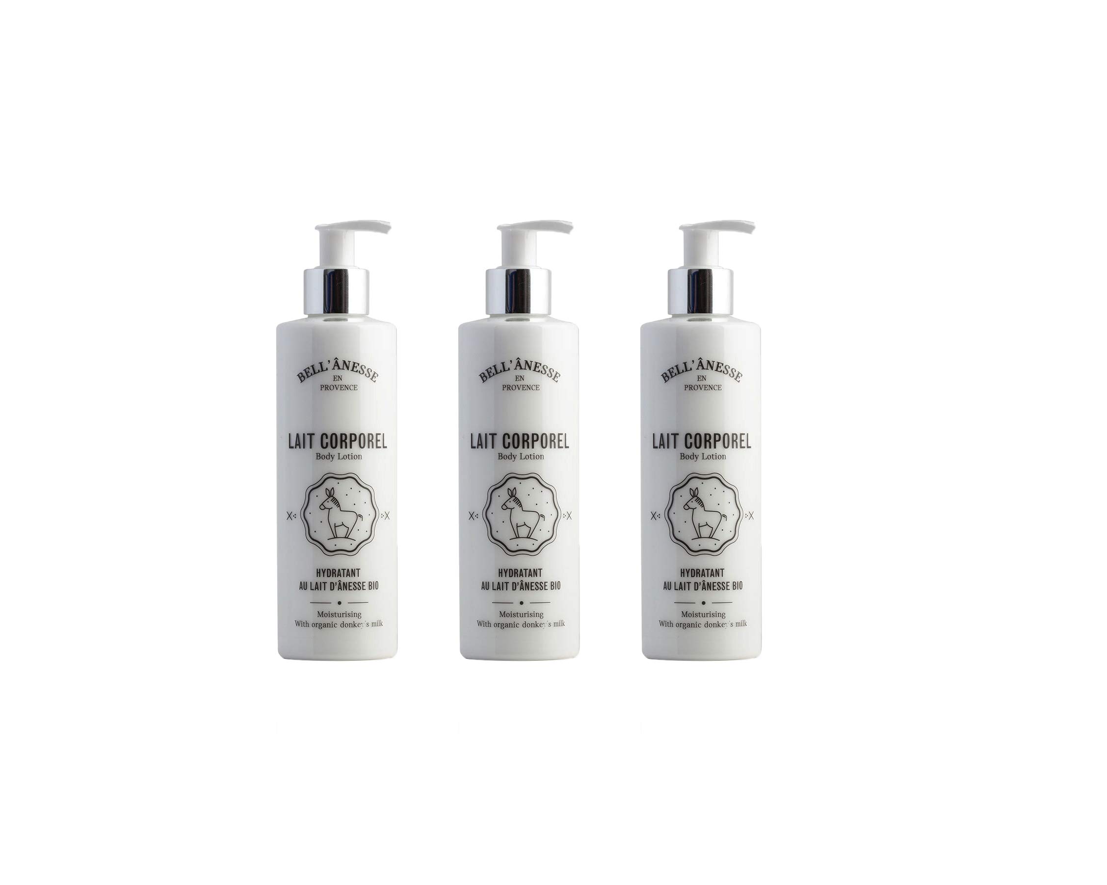 La Bell’ Anesse Lait Corporel Bio au Lait d’Ânesse, Lot 3 x 250 ml | Soin prolongé hydratation, Sans silicone ni paraben, Flacons poussoir pratiques, Label Provence Nature, Douceur confort