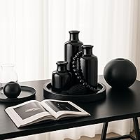 Vista 4 de Juego de 5 piezas de centros de mesa rústicos de mesa, juego de 3 jarrones de cerámica boho con bandeja de madera para servir cuentas de madera