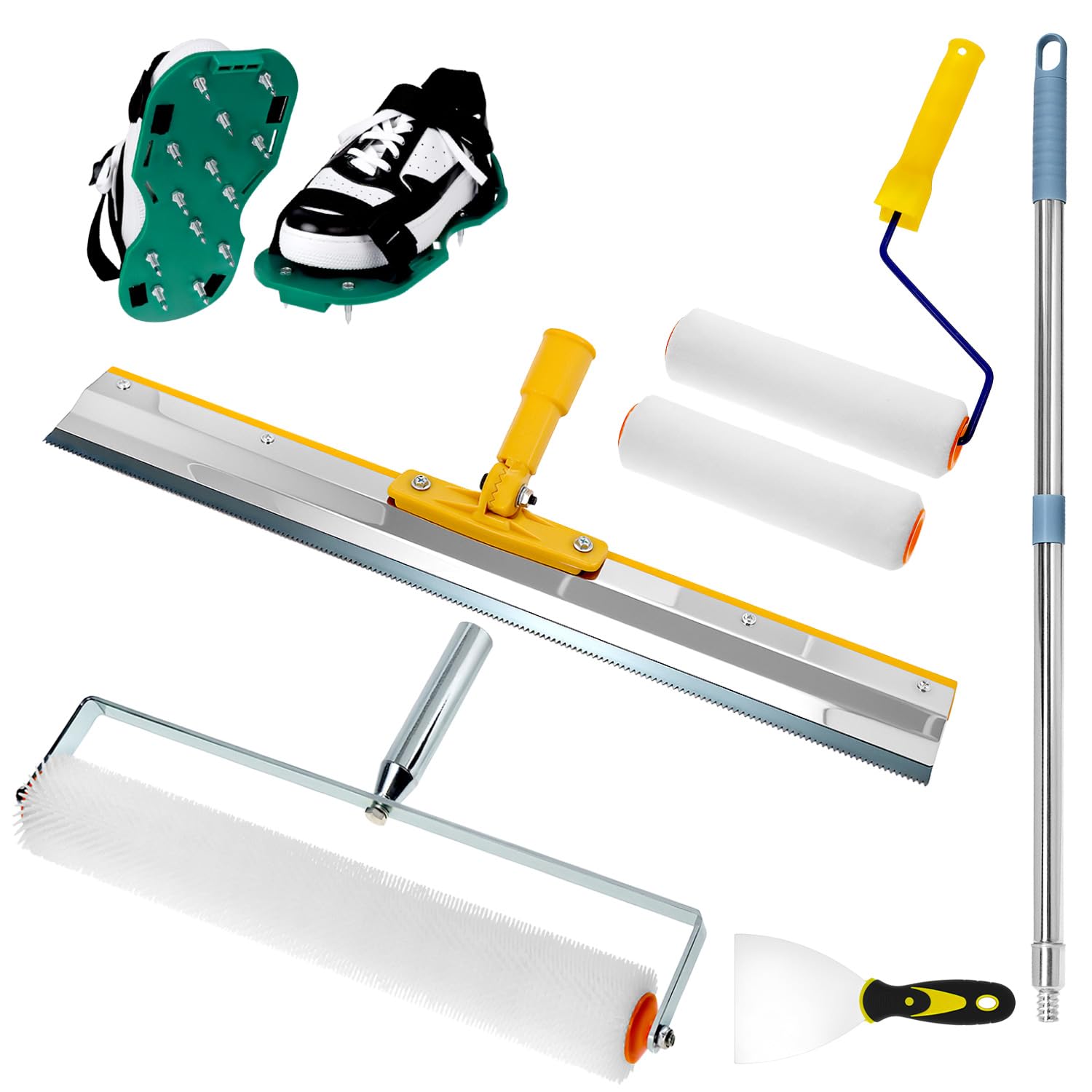 QWORK® 6 Piece Self-Levelling Cement Tool Kit, Epoxy Spike Shoes, 0.4-1.6m Telescopic Rod,50cm Roller Brush, 56 cm Stainless Steel Scraper, Paint Rollers,10cm Putty Knife — image 1